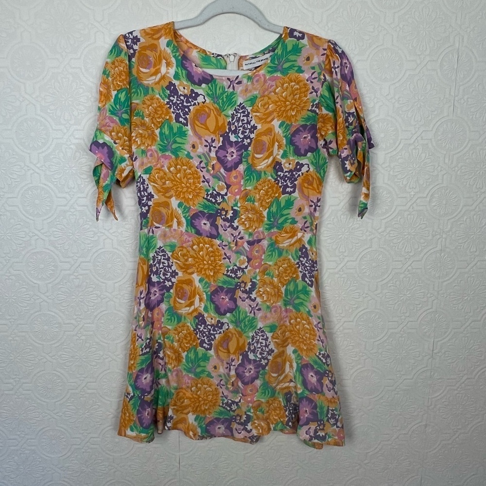 Faithful The Brand Daphne Dress Ade Floral Orange Purple Short Sleeve Flutter - Picture 6 of 11